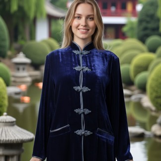 Áo khoác nhung kép xanh than khuy tết